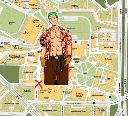 A map showing where the suspect crashed and a sketch of what he looks like.
